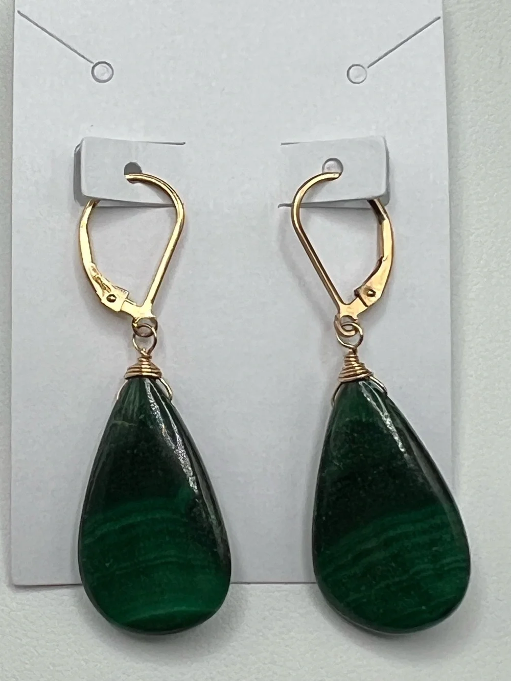 14K GOLD FILLED NATURAL MALACHITE TEARDROP DANGLE EARRINGS Handmade